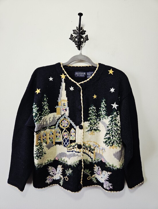 Rainbow Bridge Sweaters - Vintage Rainbow Bridge Christmas Sweater Size M Chapel Doves Winter 100% Cotton